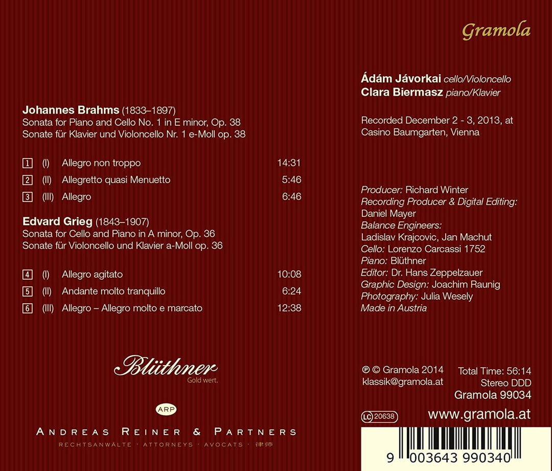 Brahms/Grieg: Cellosonaten [Adam Javorski, Clara Biermasz] [Gramola: 99034] [Audio CD]