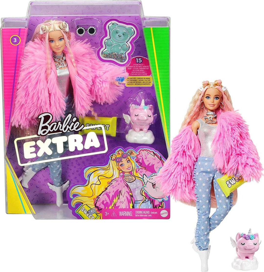 Barbie Extra Puppe in rosa flauschigem Mantel mit Einhorn Schwein Spielzeug