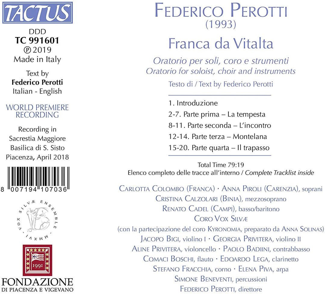 Perotti: Franca Do Vitalta [Carlotta Colombo; Anna Piroli; Cristina Calzolari; Renato Cadel; Vox Silva Ensemble; Federico Perotti] [Tactus: TC 991601] [Audio CD]