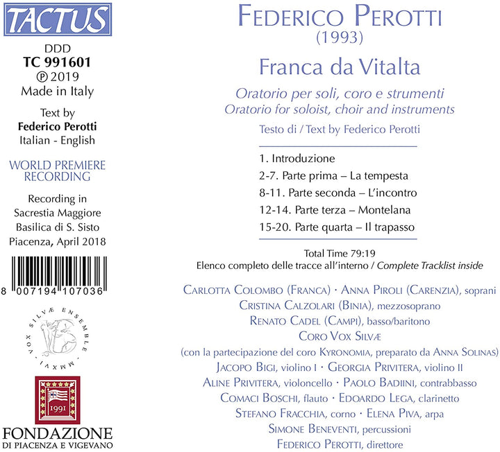 Perotti: Franca Do Vitalta [Carlotta Colombo; Anna Piroli; Cristina Calzolari; Renato Cadel; Vox Silva Ensemble; Federico Perotti] [Tactus: TC 991601] [Audio CD]