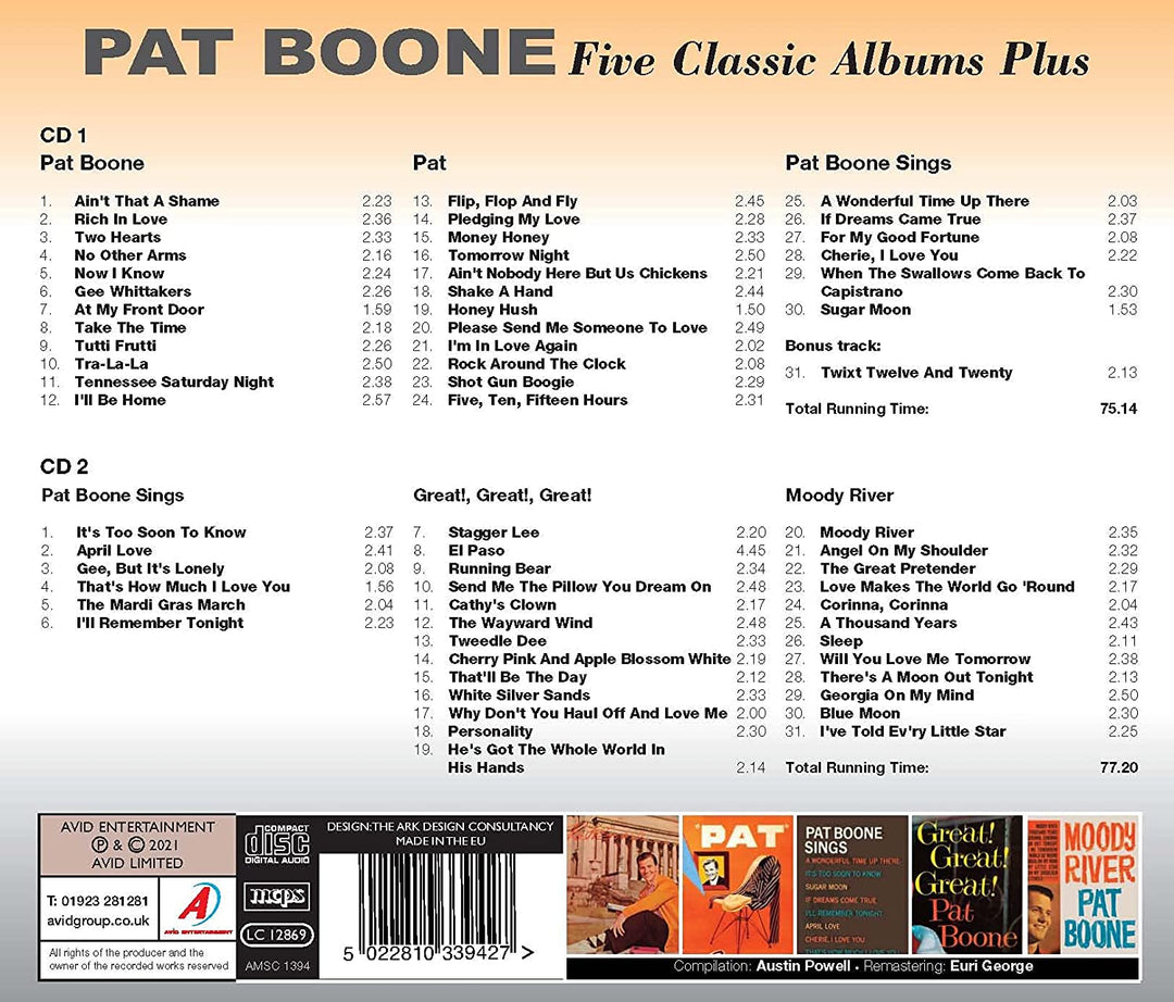 Fünf klassische Alben Plus (Pat Boone / Pat / Pat Boone Sings / Great!, Great!, Great! / Moody River) [Audio-CD]