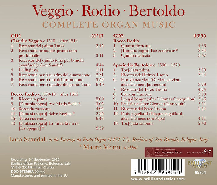 Veggio, Rodio, Bertoldo: Komplette Orgelmusik [Audio-CD]