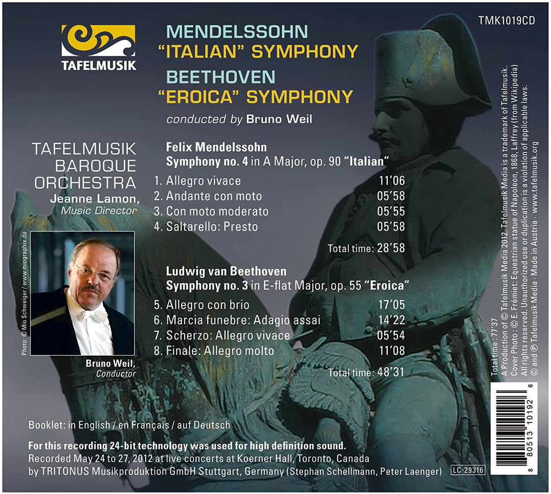 Eroica-Symphonie/ Italienische Symphonie (Symphonie Nr. 3/ 4) (Tafelmusik Barockorchester und Kammerchor/ Bruno Weil) (Tafelmusik: TMK10 [Audio-CD]