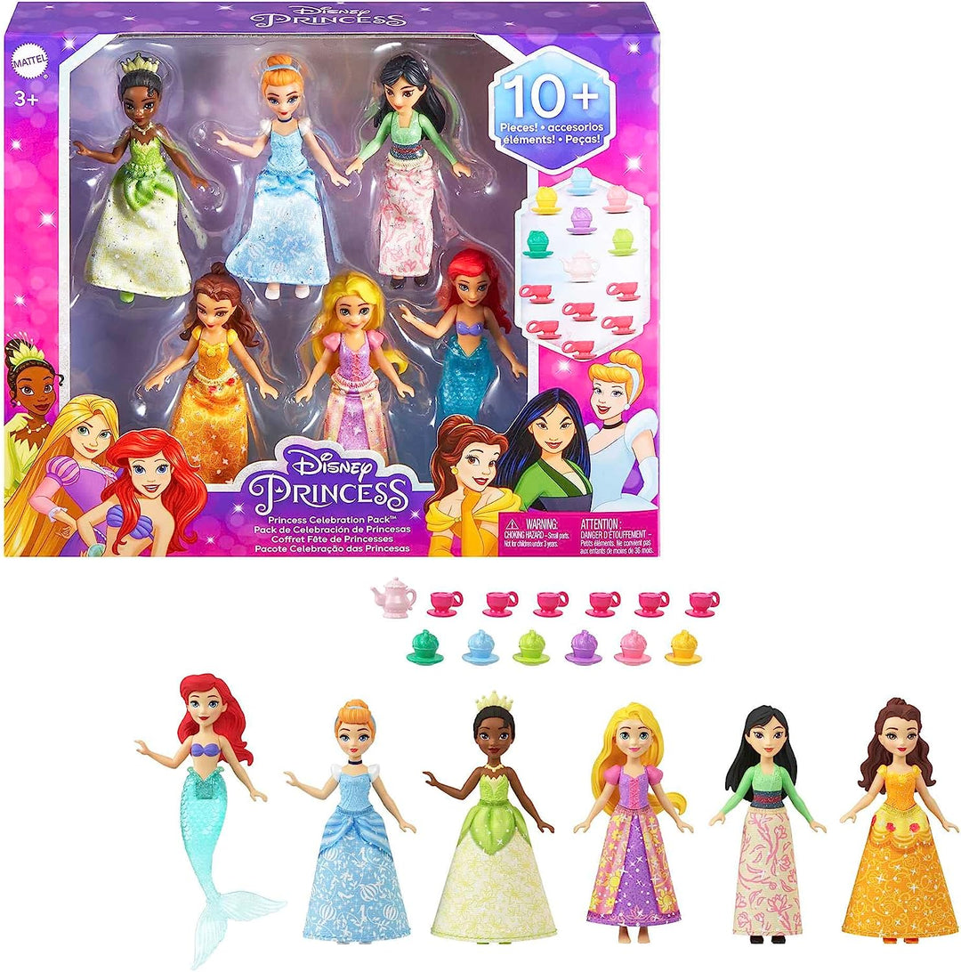 Disney Princess Toys, 6 Posable Small Dolls with Sparkling Clothing and 13 Tea Party Accessories