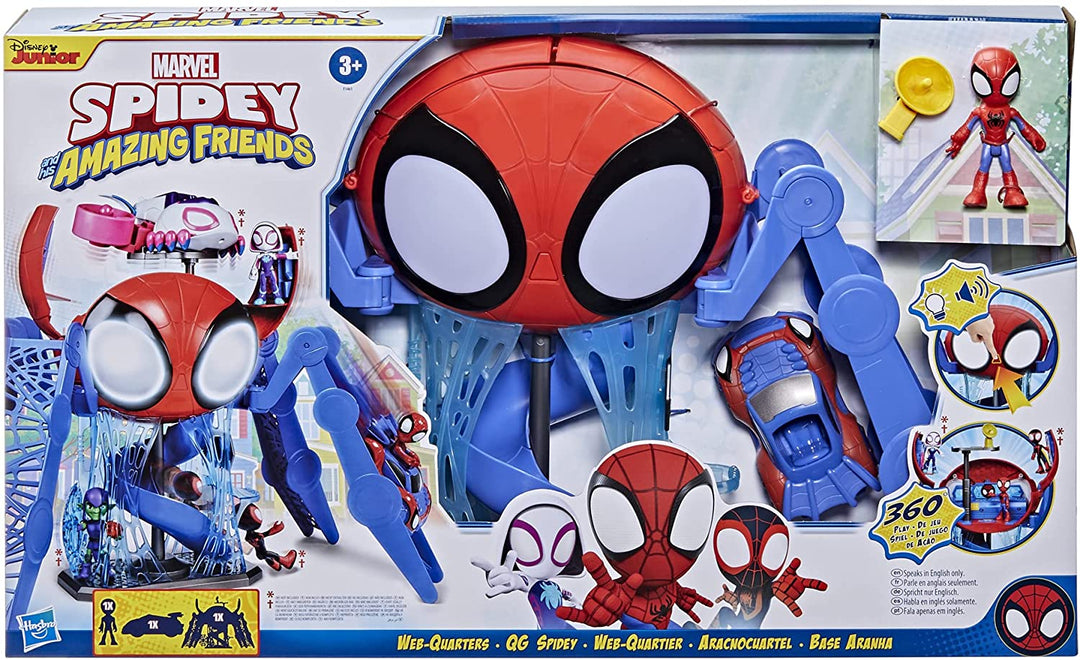 SPIDEY AND HIS AMAZING FRIENDS F1461 Marvel Web-Quarters Playset with Lights, Sounds, Spidey and Vehicle, for Kids Ages 3 and Up