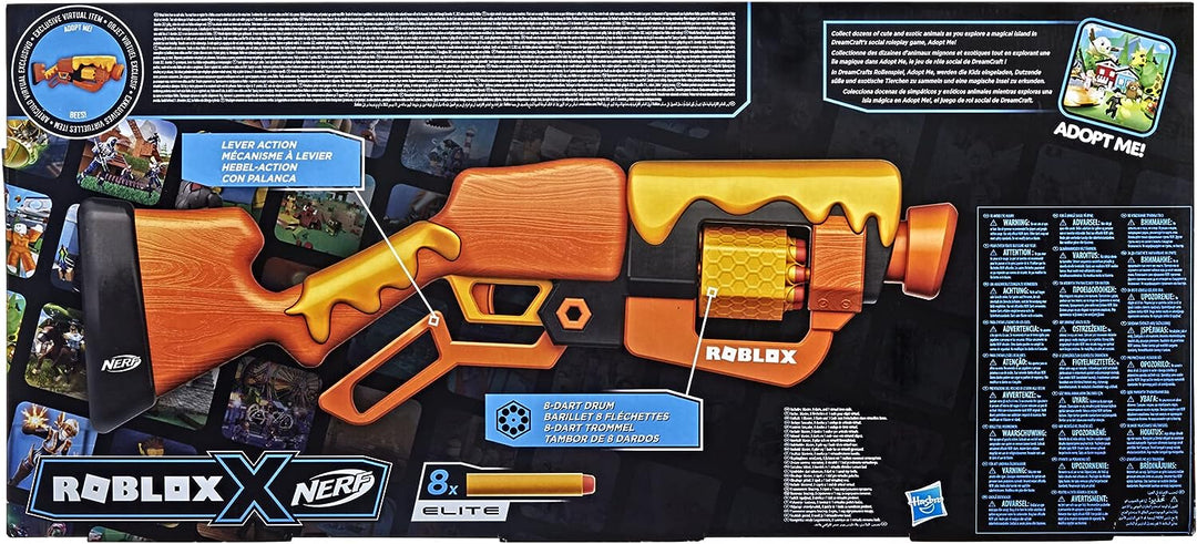 Nerf Roblox Adopt Me!: BIENEN! Lever Action Blaster, 8 Nerf Elite Darts, Code zum Freischalten virtueller Gegenstände im Spiel, F2486EU5