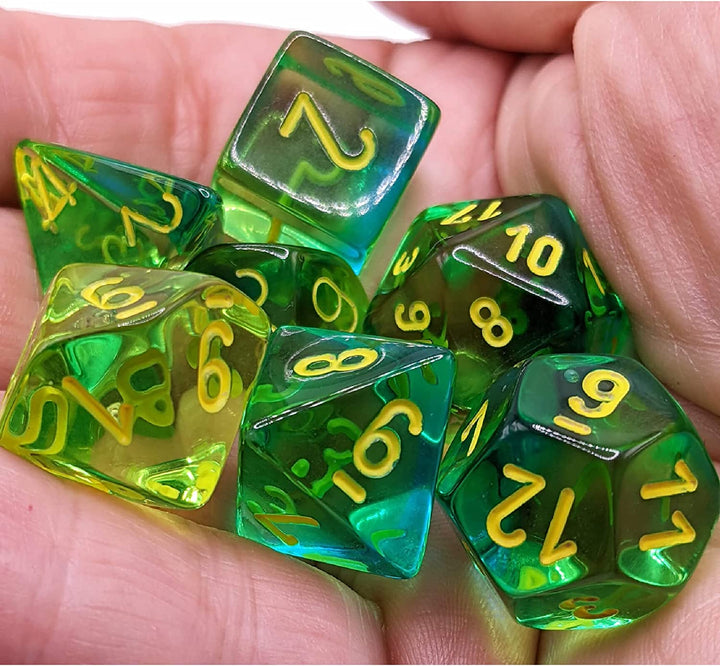 Chessex Gemini Translucent Dice Set 7 Polyedrische Würfel Grün und Blaugrün mit Gelb