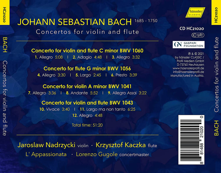 JS Bach: Konzerte [Krzysztof Kaczka; Jaroslaw Nadrzycki; L'Appassionata; Lorenzo Gugole] [Hanssler Classics: HC21020] [Audio CD]