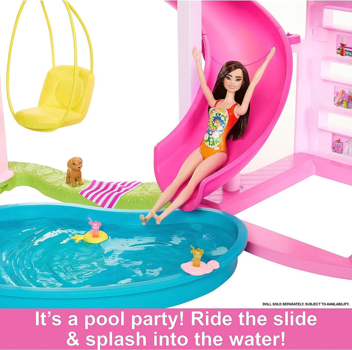 ?Barbie Dreamhouse, Poolparty-Puppenhaus mit mehr als 75 Teilen und 3-stöckiger Rutsche, Bar