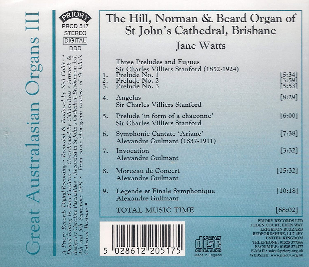 Jane Watts – Great Australasian Organs III – Jane Watts spielt die Hill-, Norman- und Beard-Orgel der St. John's Cathedral in Brisbane [Audio-CD]