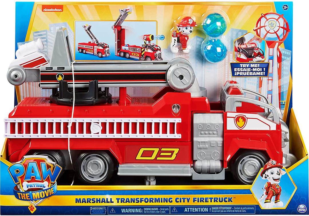 PAW Patrol Marshalls verwandelndes Movie City-Feuerwehrauto mit ausziehbarer Leiter, Lichtern und Geräuschen und Actionfigur zum Sammeln, Kinderspielzeug für Kinder ab 3 Jahren