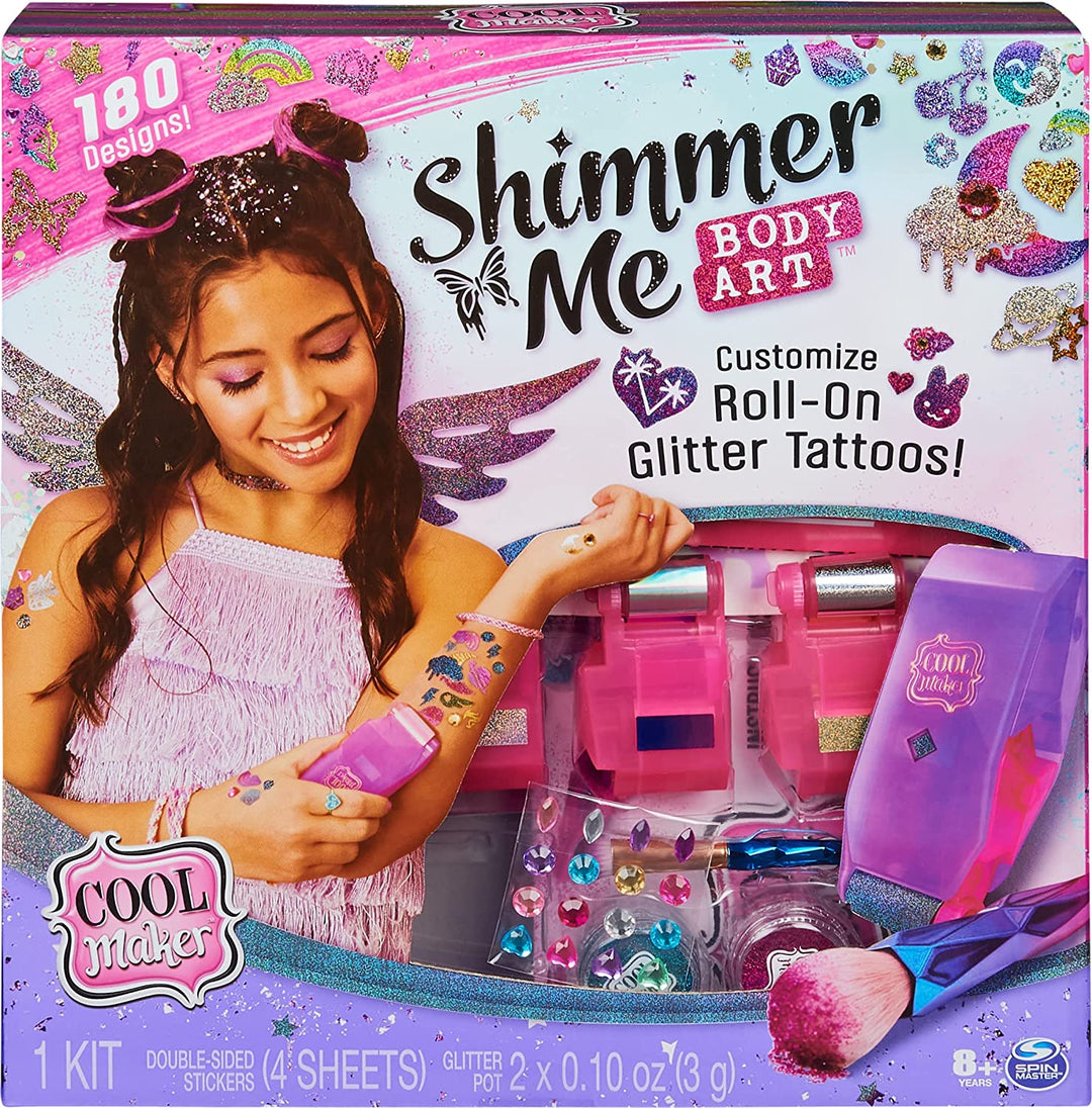 Cool Maker Shimmer Me Body Art con rodillo, 4 láminas metálicas y 180 diseños, tatuaje temporal para niños, juguetes