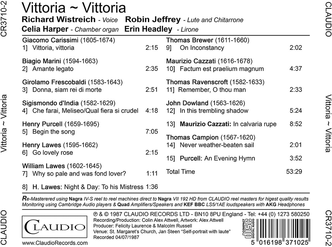 Vittoria - Vittoria: Ein Konzert italienischer und englischer Lieder des 17. Jahrhunderts [Richard Wistreich; Celia Harper; Erin Headley] [Claudio Records: CR3710-2] [Audio CD]