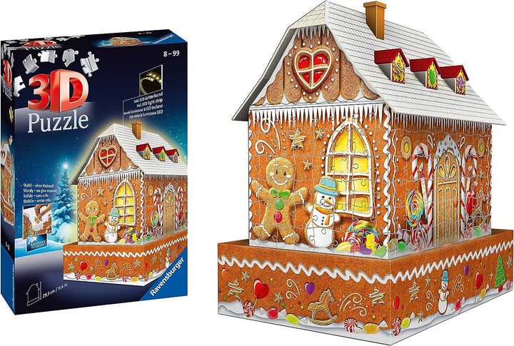 Ravensburger Weihnachts-Lebkuchenhaus, 216-teiliges 3D-Puzzle für Erwachsene und Kinder ab 8 Jahren – Nachtausgabe mit LED-Beleuchtung