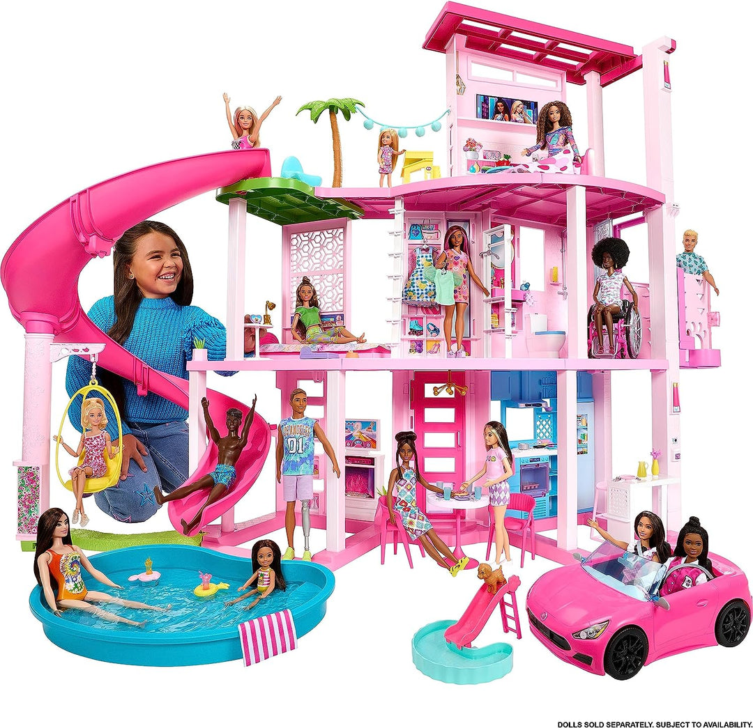 ?Barbie Dreamhouse, Poolparty-Puppenhaus mit mehr als 75 Teilen und 3-stöckiger Rutsche, Bar