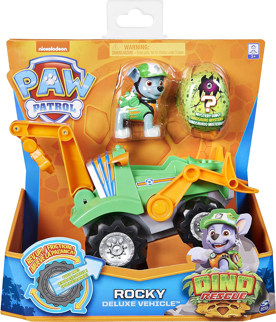 PAW Patrol, Dino Rescue Rocky's Deluxe Rev Up Vehicle mit geheimnisvoller Dinosaurierfigur