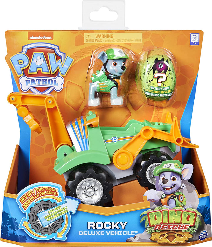 PAW Patrol, Dino Rescue Rocky's Deluxe Rev Up Vehicle mit geheimnisvoller Dinosaurierfigur