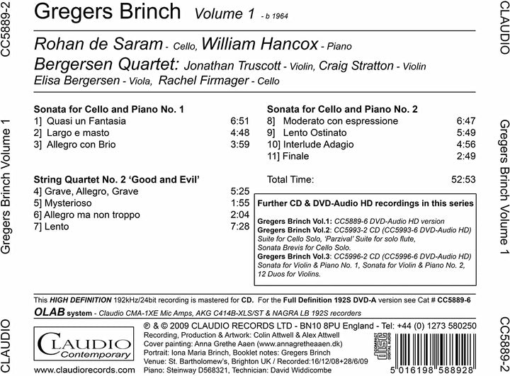 Rohan de Saram - Gregers Brinch: Volume 1 (Sonata For Cello/ Piano/ String Quartet) (Rohan de Saram/ William Hancox/ Bergsen Quartet) (Claudio Records: CR5889-2) [Audio CD]