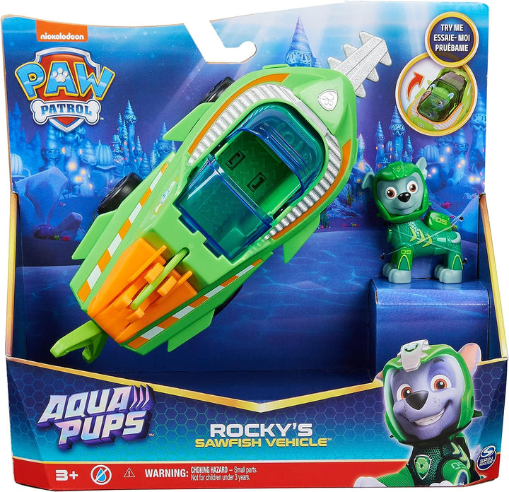 Paw Patrol Aqua Pups Rocky, verwandelndes Sawfish-Fahrzeug mit Sammelaktion