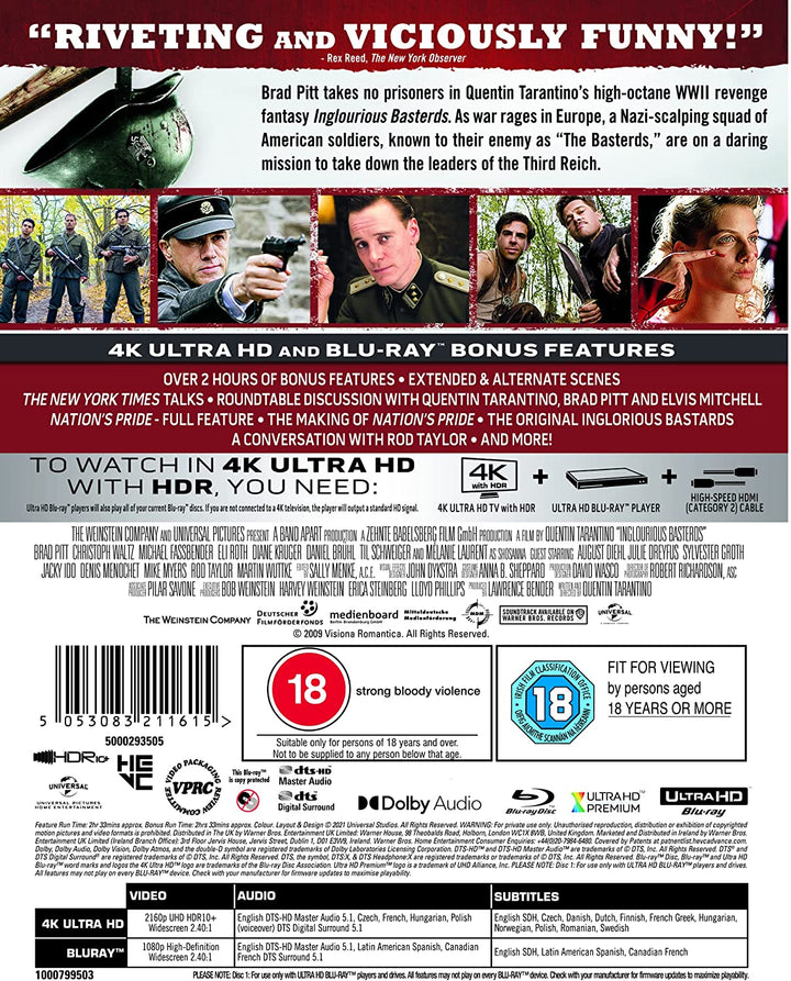 Inglourious Basterds [4K Ultra HD] [2009] [Region Free] – Krieg/Action [Blu-ray]