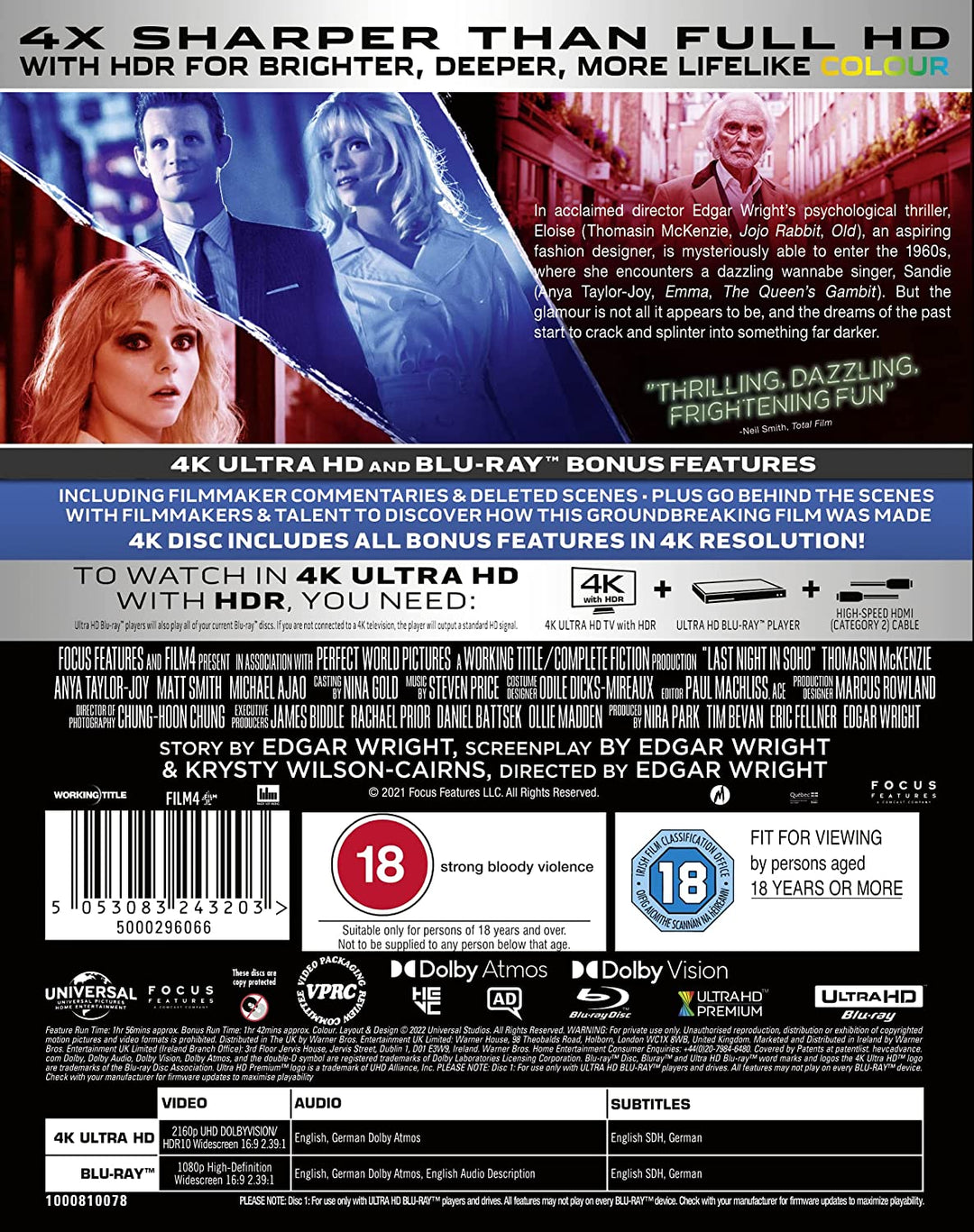 Last Night In Soho [4K UHD] [2021] [Region Free] – Horror/Drama [Blu-ray]