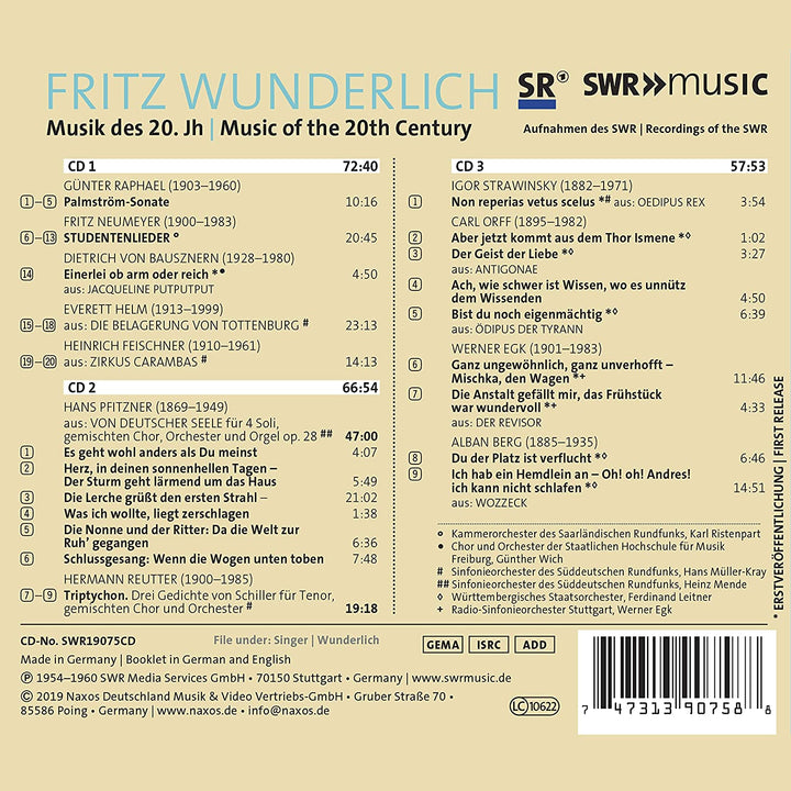 Fritz Wunderlich - Wunderlich: Musik des 20. Jahrhunderts [Fritz Wunderlich; Kammerorchester des Saarländischen Rundfunks; Hans Müller-Kray] [Swr Classic: SWR190 [Audio CD]