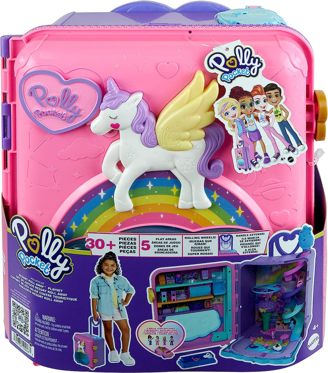 Polly Pocket-Puppen, Spielset und Reisespielzeug, 4 Puppen, 1 Fahrzeug, 25+ Zubehörteile