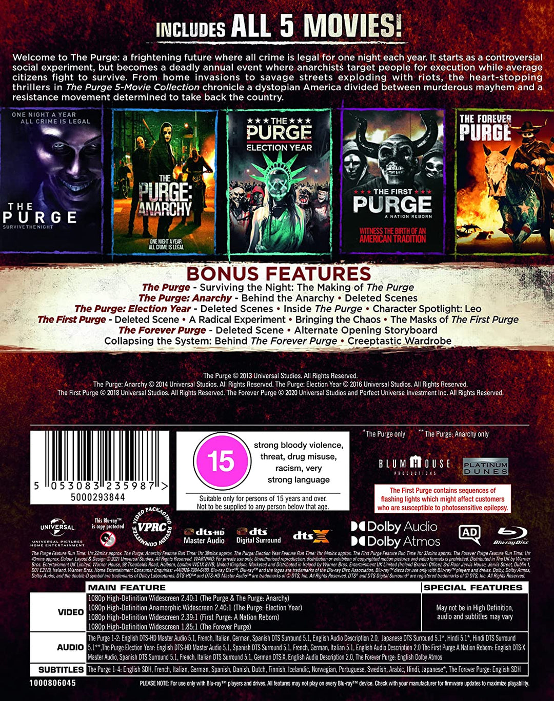 The Purge 1-5 [2021] [Region Free] – Horror/Thriller [Blu-ray]