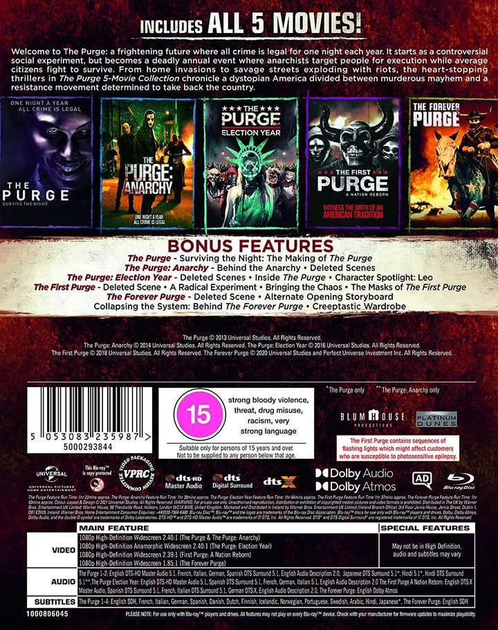 The Purge 1-5 [2021] [Region Free] – Horror/Thriller [Blu-ray]