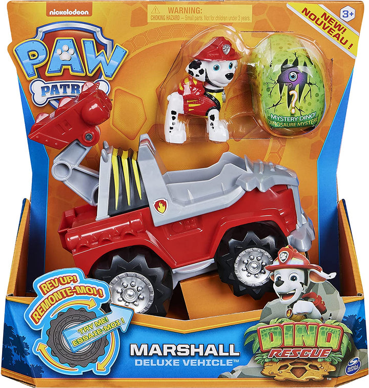 PAW Patrol, Dino Rescue Marshalls Deluxe-Rev-Up-Fahrzeug mit geheimnisvollem Dinosaurier