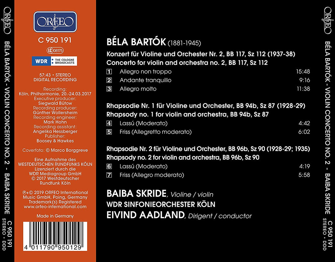 Bartok: Violinkonzert Nr. 2 [Baiba Skride; WDR Sinfonieorchester Köln; Eivind Aadland] [Orfeo: C950191] [Audio CD]