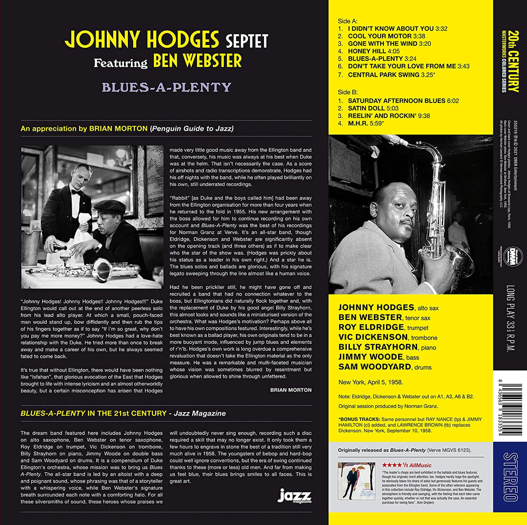 Johnny Hodges  - Blues-A-Plenty w/ Ben Webster [VInyl]